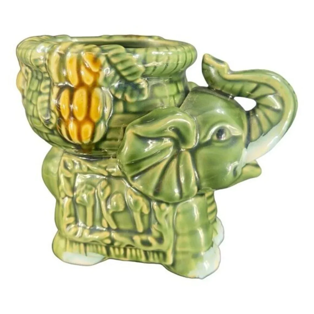 Vintage Majolica Style Ceramic‎ Elephant Dish Bowl Candle Votive Holder Green